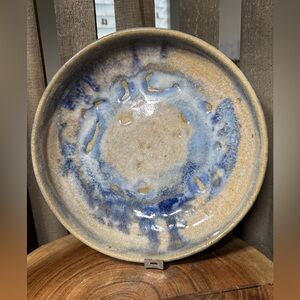Signed Handmade Pottery Bowl Beautiful Textured Glazed In Blue & Earth-tones